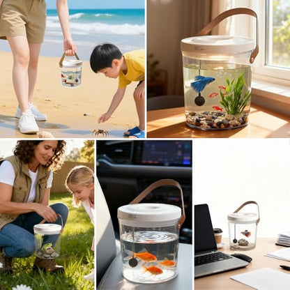 Rechargeable Portable Fish Tank with Lid, Small Plastic Desktop Aquarium Kit with 7 Color LED Light & Quiet Pump, Oxygen-Injected Fish Tank Kits, Travel Goldfish Tank Starter Kit