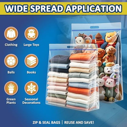 25 Gallon Extra Large Resealable Storage Bags with Zipper Top，35" x 24" Heavy Duty Clear Bags with Handles, 4 Mil Thick, Perfect for Clothing, Pillows, Travel, and Moving (3 Packs)