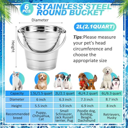 Hicarer 6 Pcs 2.1 Quart Stainless Steel Dog Water Bucket, Heavy Duty Stainless Steel Easy Clean Bucket Water Pails for Dogs Pets, for Kennels Farms Fences Cages Home - size: 2.1 Quart