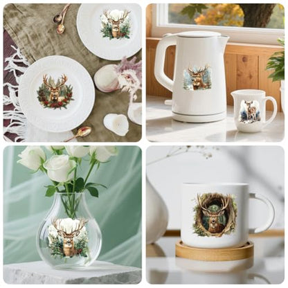 Peacoblue 18 Sheets Rub on Transfers for Crafts, Deer and Forest 3.6"x3.9" UV DTF Cup Wraps Waterproof Rub on Cold Transfers Stickers for Wood Glass Metal Cup Tumblers Mirrors Mugs Home Decor - style: Deer and Forest