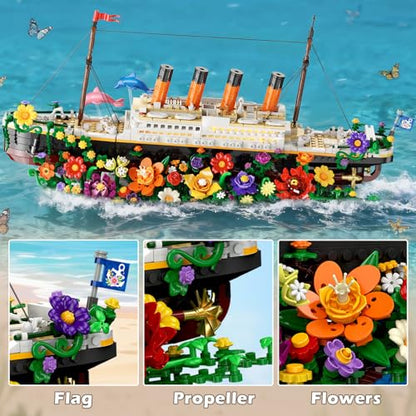 INSOON Botanical Titanic Ship Building Set with Lights, 1860 PCS Floral Display Model, Home Decor Building Kit for Adults, Unique Gift for Women, Flower and Titanic Lovers