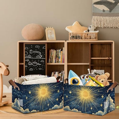 Sun Stars Storage Basket with Handles,Collapsible Rectangle Organizer Bin for Room Decoration Books Box Baskets 17x11.5x10Inch