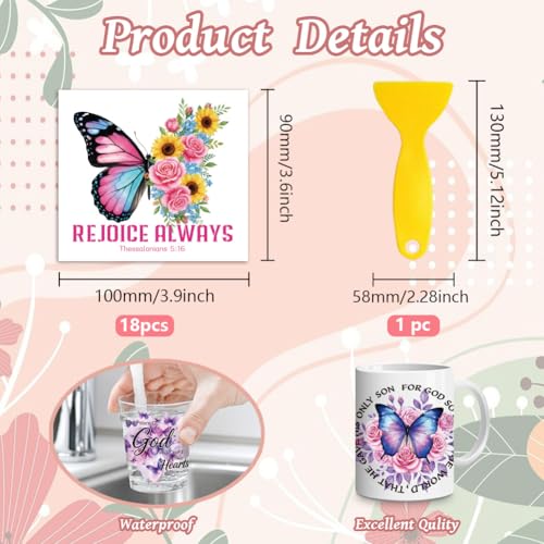 Peacoblue 18 Sheets Rub on Transfers for Crafts, Bible and Butterfly 3.6"x3.9" UV DTF Cup Wraps Waterproof Rub on Cold Transfers Stickers for Wood Glass Metal Cup Tumblers Mirrors Mugs Home Decor - style: Bible And Butterfly