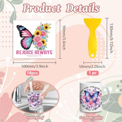 Peacoblue 18 Sheets Rub on Transfers for Crafts, Bible and Butterfly 3.6"x3.9" UV DTF Cup Wraps Waterproof Rub on Cold Transfers Stickers for Wood Glass Metal Cup Tumblers Mirrors Mugs Home Decor - style: Bible And Butterfly