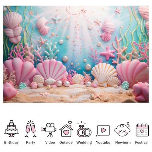 Fabric 6x4ft Mermaid Under The Sea Photography Backdrop Blush Pink Pearl Shell Coral Underwater Sunlight Background Mermaid Theme Birthday Baby Shower Party Decoration Photo Banner Props - size: 6x4ft(WxH)
