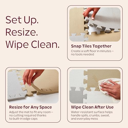 Puzzle Play Mat for Floor (White, Tan & Gray, 36 Tiles (71x71 in), Cross)