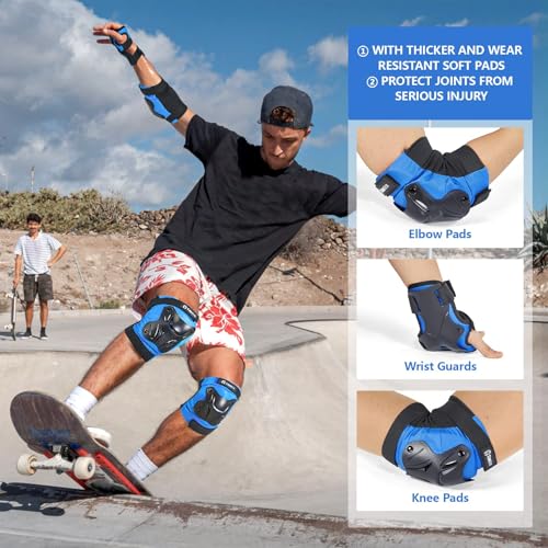 Tanden Skating Protective Gear Knee and Elbow Pads Wrist Guards for Roller Skating Skateboarding, Skate Pads Adult Knee Pads - color: Blue, size: Youth (9-15 years)