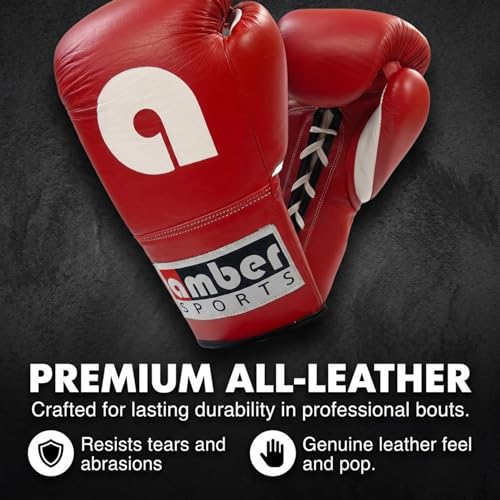 Amber Fight Gear Professional Leather Fight Gloves – Competition Ready Boxing & Kickboxing Gloves – Padded Multi-Layered Foam – Pre-Curved Safety Design – Sizes 8oz, 10oz, 12oz – Red & Blue - color: Red, size: 10 oz