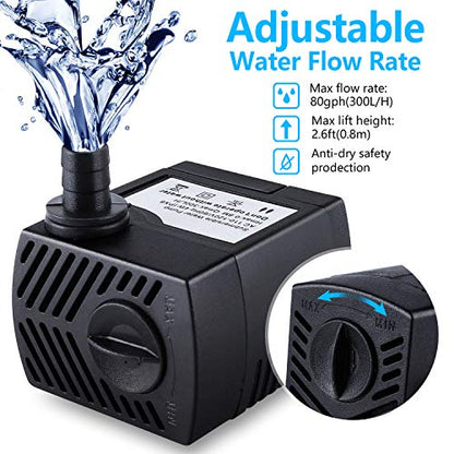 Fountain Pump, 80GPH(4W 300L/H) Submersible Water Pump, Durable Outdoor Fountain Water Pump with 4.9ft Tubing (ID x 1/3-Inch), 3 Nozzles for Aquarium, Pond, Fish Tank, Water Pump Hydroponics