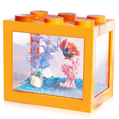 Small Betta Fish Tank, Stackable Mini Fish Tank Aquarium Tank Kit, 3/5 Gallon Rectangular Fish Bowl with Aquarium Gravel Decoration, Tiny Cube Tank for Seaweed Balls Sea Monkeys - color: Orange
