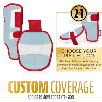 Franklin Sports Baseball + Softball Leg Guard - PRT Series Adult - Protective Leg + Ankle Guard + Toe Plate - One Size - color: Carolina Blue/Red, size: Adult