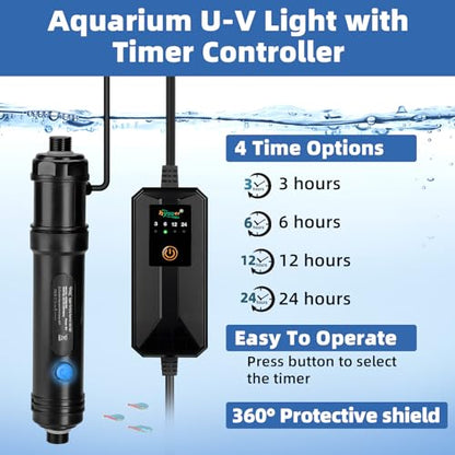 hygger 7W Aquarium U-V Light with Timer, 360° Protective Shield Clean Light for Crystal Clear Green Water, Submersible Fish Tank Cleaner for 30–70 Gallon Freshwater & Saltwater Aquariums - size: 1.97 * 9.05 inches