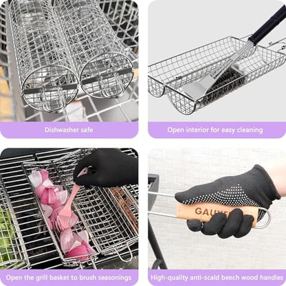 Rolling Grill Basket, Grill Baskets for Outdoor Grill, REMOVABLE HANDLE, Anti-Scorch Stainless Steel BBQ Net Tube for Meat, Shrimp, Vegetables, Grill Accessories, Gifts for Dad, Husband (Round)