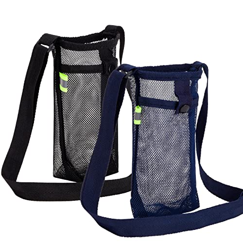 Tainehs Water Bottle Holder Carrier with Adjustable Shoulder Strap - Beach & Sports Bottle Bag for Hiking, Gym, Camping, Walking, Travel - color: Black/Navy Blue