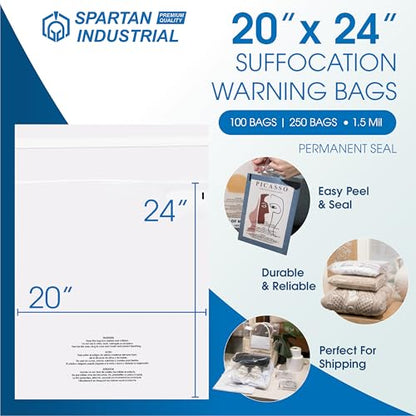Spartan Industrial - 20" X 24" (100 Count) Self-Seal Clear Poly Bags With Suffocation Warning for Packaging, Bedding, Costumes - Permanent Adhesive - size: 20" X 24"