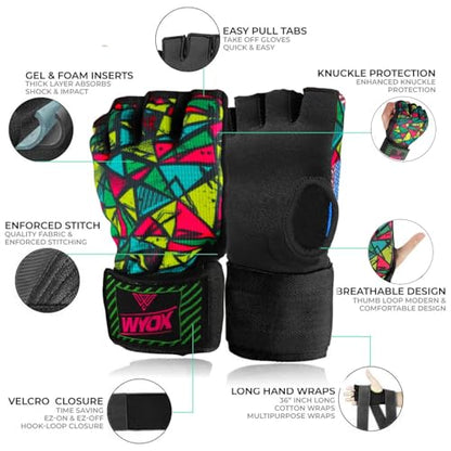 WYOX Gel Boxing Hand Wraps & Curved Focus Mitts Bundle for Men & Women Adults – 80cm Wrist Straps, Padded Knuckle Support, Neoprene Inner Glove Gel Padding, MMA Muay Thai Kickboxing Training Pads