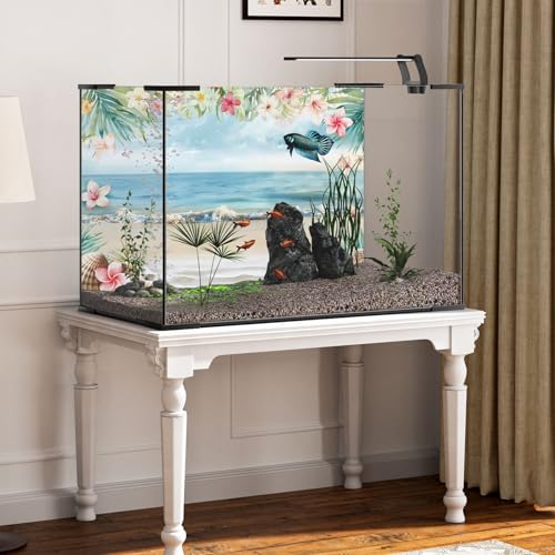 AWERT 36x18 inches Sea Beach Aquarium Background Blue Sky Seaside Beach Tropical Plants Flowers Shells Starfish Fish Tank Background Polyester Terrarium Background