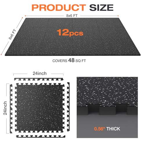 0.56'' Thick 12 Pcs 48 Sq Ft Non-Slip Rubber Top Exercise Equipment Mats, High Density EVA Foam Mats with Rubber Top, Interlocking Puzzle Gym Flooring for Home Gym, Workout Floor Mats, Black - size: 24"L x 24"W x 0.6"Th