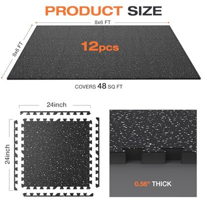 0.56'' Thick 12 Pcs 48 Sq Ft Non-Slip Rubber Top Exercise Equipment Mats, High Density EVA Foam Mats with Rubber Top, Interlocking Puzzle Gym Flooring for Home Gym, Workout Floor Mats, Black - size: 24"L x 24"W x 0.6"Th