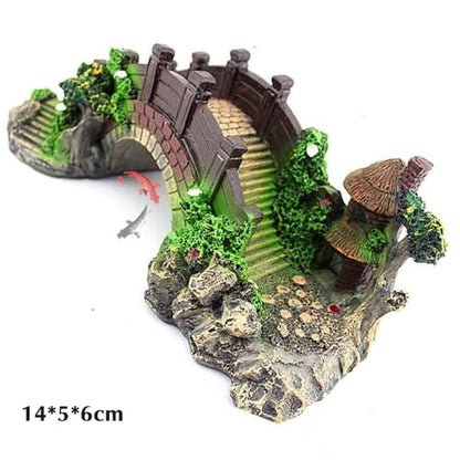 ature Garden Bridge Aquarium Decoration, Resin Asian Arch Bridge with Pagoda, Green Brown, 14x6x5.5cm, Fish Tank Ornament