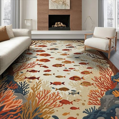 8'x10' Washable Graphic Fish Large Rug, Teal Non-Shedding Pet Friendly Carpet for King Size Bedroom, Master Suite, Under Bed, Foldable Easy Care Mat | Ref:1994267