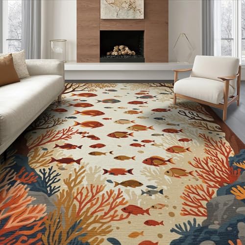8'x10' Washable Graphic Fish Large Rug, Teal Non-Shedding Pet Friendly Carpet for King Size Bedroom, Master Suite, Under Bed, Foldable Easy Care Mat | Ref:1994267