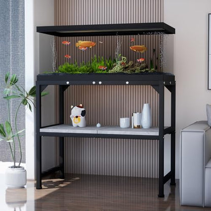 10-20 Gallon Fish Tank Stand, Metal Aquarium Stand with Adjustable Non-Slip Foot and Wooden Shelf, Reptile Tank Stand Easy to Assemble for Home Office, Firm and Steady(Tank not Included) - color: BLACK-02