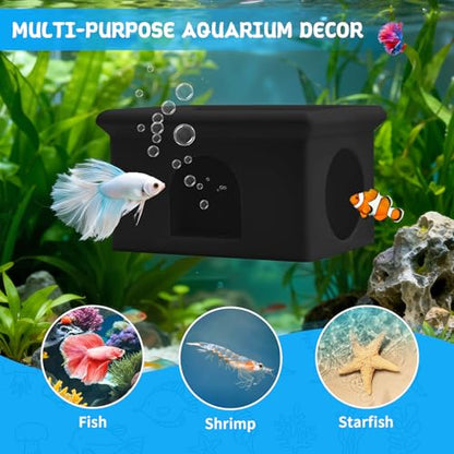 Floating Betta Fish Hammock Cave House for Aquarium, 3D Printed Betta Shrimp Feeder & Hideout Cave Toys, Small Aquarium Feeding Ring Decor, Turtle Fish Tank Decorations Accessories -Black