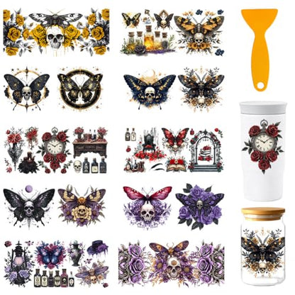32 Pcs Gothic UV DTF Cup Wraps for 16OZ Glass, 4.3 x 9.4 Inch Skull Rose UV DTF Transfer Stickers Waterproof Rub on Transfer Decals for Glass Bottle Vase Furniture Crafts - style: Skull and Rose