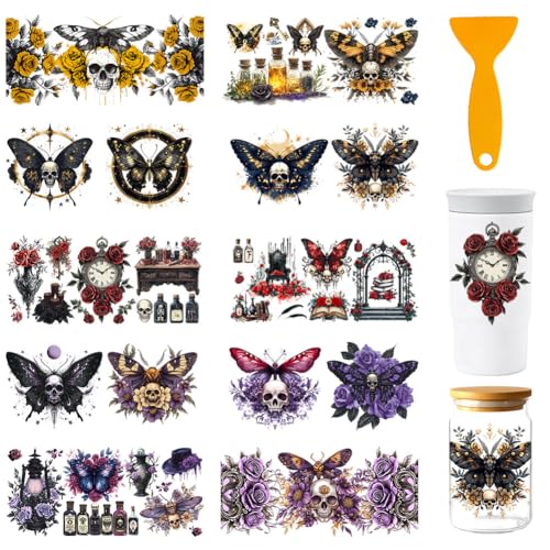 32 Pcs Gothic UV DTF Cup Wraps for 16OZ Glass, 4.3 x 9.4 Inch Skull Rose UV DTF Transfer Stickers Waterproof Rub on Transfer Decals for Glass Bottle Vase Furniture Crafts - style: Skull and Rose