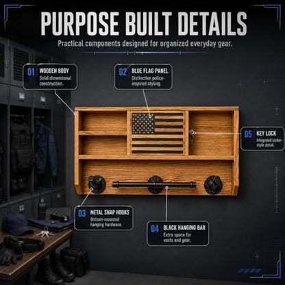 GUTE Police Wall Mounted Tactical Duty Gear Rack with Blue American Flag | First Responder Storage Shelf & Organizer for Policemen, Law Enforcement Holder | Gift Décor - style: Rack with Storage Lock