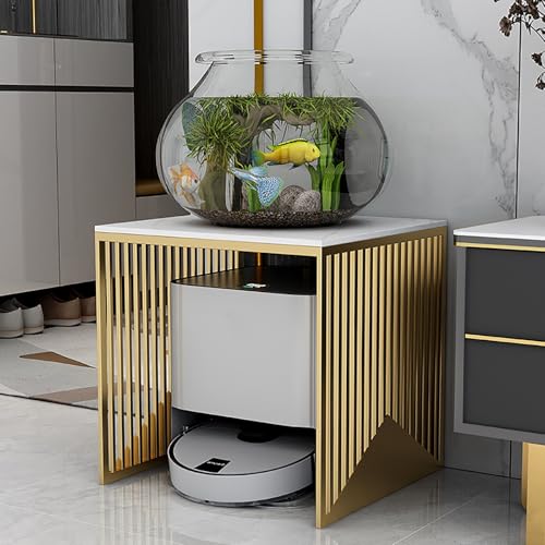 Metal Robot Vacuum Storage Cabinet - Sweeping Cleaner Organizer, Side Table Stand, Fish Tank Shelf with Slate Top, Stylish Gold Finish, 53cm/20.9in - Perfect for Home Décor
