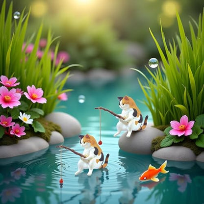 GANPUB 2Pcs Cat Fishing Figurine, Cute Cat Statue Decor, Resin Mini Fish Tank Decorations Craft Sculpture for Aquarium Tanks Desk Yard Pond Indoor Outdoor