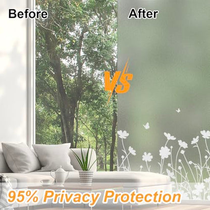 Bloss Window Privacy Film Pure White Flowers Pattern Glass Window Film,Sun Blocking Window Film,Day and Night Privacy Heat Blocking Non-Adhesive Window Tint for Home Office 41.3 x 78.7inches - color: Flower, size: 41.3" X 78.7"