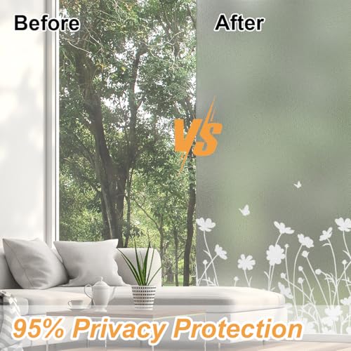 Bloss Window Privacy Film Pure White Flowers Pattern Glass Window Film,Sun Blocking Window Film,Day and Night Privacy Heat Blocking Non-Adhesive Window Tint for Home Office 29.5 x 118inches - color: Flower, size: 29.5" x 118"