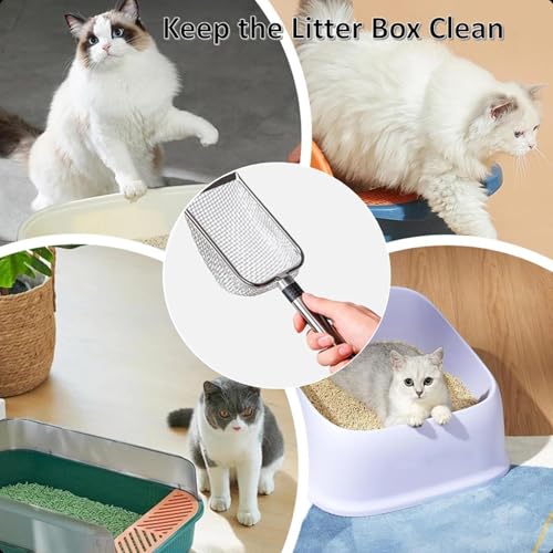 Integrated Metal Cat Litter Scoop, Stainless Steel Mesh Litter Scoop, Long Handle Cat Scooper, Poop Sifting Mesh Litter Deep Shovel, Cat Litter Scooper for Litter Box/Reptile Terrarium Sand Waste