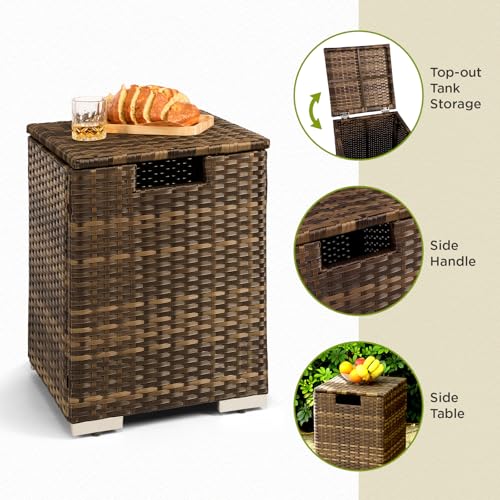 2-Piece Outdoor Propane Fire Pit Table w/Tank Holder, 32inch Handmade Rattan Wicker Firepit Ceramic Tabletop with Steel Lid 40,000 BTU Rectangle Fire Table Set for Patio, Deck, Backyard (Brown) - size: 32"