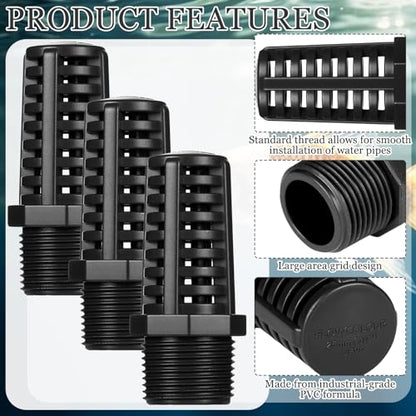 3 Pcs Threaded Suction Overflow Strainer, 3/4 Inch Screen Strainer, High Impact Resistant Gray Black PVC, Drain Fitting Connectors for Fish Aquariums and Permeable Vent Cap for Aquarium