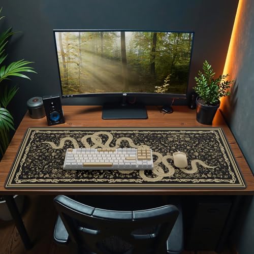 Large Desk Mat, Desk Matt for Desktop, Computer Gaming Mouse Pads, Stitched Edges Soft Mat for Desktop Office Home 35.4 x 15.7 Inches (Black Gold Snake) - color: Black Gold Snake