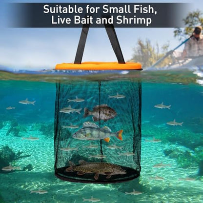 Floating Fish Basket for 5 Gallons Buckets, Foldable Fishing Basket Bait Net for Live Caught, Rubber Coated Mesh Fish Holder for Kayak Fishing Live Well Baitfish Minnow Bucket