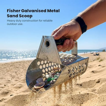 Fisher Galvanized Metal Sand Scoop with Filtering Holes, Heavy Duty Design, Rubberized Grip, and No-Slip Ergonomic Handle for Efficient Sifting and Sand Digging