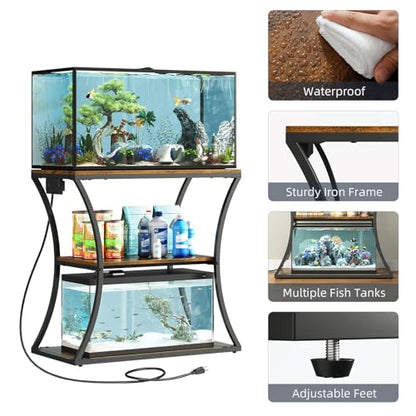 20-29 Gallon Fish Tank Stand with Power Outlet, 3-Tier Aquarium Stand with Storage, Heavy Duty Metal Frame Tank Rack for Home Office, 31.5" L x 15.7" W x 30.4" H, Rustic Brown