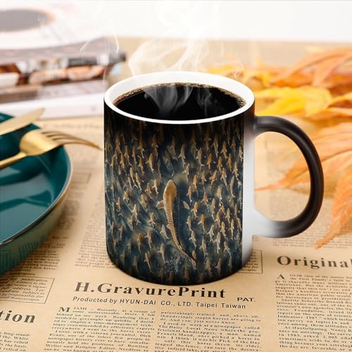 Big Fish And Small Fish Color Changing Mug Heat Changing Mug Ceramic Mug Heat Reactive Black Mug Tea Cup Message Appears As It Heats Birthday Holiday Gift for Family Friend