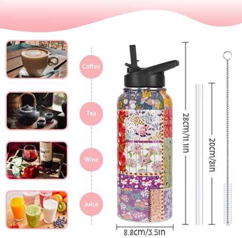 Pioneer Women Water Bottle with Straws Insulated Sports Bottle Boho Flower Travel Thermal Double Walled Vacuum Cup Leak Proof Stainless Steel Tumbler Mother's Day Gifts-32 oz - color: Red