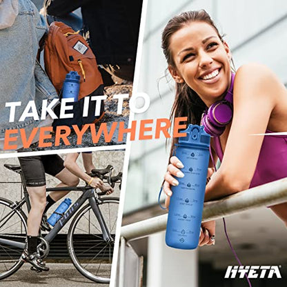 Hyeta Plastic Water Bottle With Straw & Time Marker, 32oz Leakproof Jug - color: Cowboy