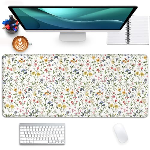 Wildflower Flowers and Plant Desk Pad Mouse Pad,Large Extended Gaming Mouse Mat with Stitched Edges,Non-Slip Waterproof Rubber Base Mousepad for Office Work Home(27.5X11.8 in) - color: Wildflowers