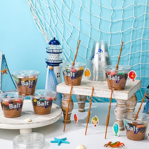25 Set Fishing Party Favors 9 oz Bait Cups with Lids Fish Pole Decoration Clear Mini Plastic Bait Cups for Drinks Desserts Fishing Birthday Party Favors Supplies Baby Shower Decorations