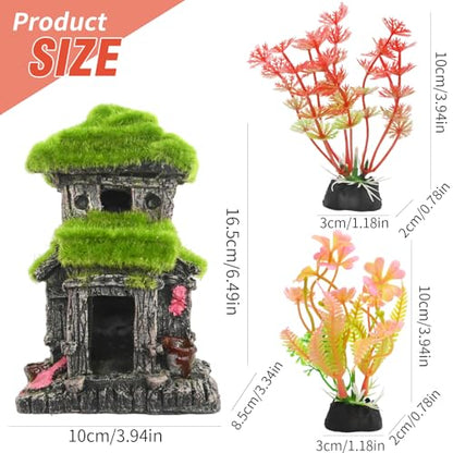 Hoypeyfiy Aquarium Decor Fish House with Simulated Moss, Double Layer Fish Hideout Ornament for Tropical Fish Tanks, Realistic Aquarium Cave Decoration Includes 2 Artificial Plants