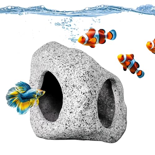Aquarium Hideaway Rock Cave for Aquatic Pets to Breed, Play and Rest, Safe and Non-Toxic Ceramic Fish Tank Ornaments, Decor Stone for Betta