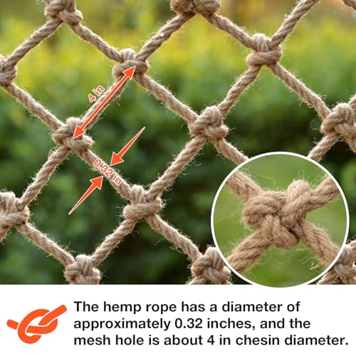 Hemp Rope Net (4ft x 12ft) Heavy Duty Natural Jute Rope Climbing Safety Netting for Balcony Stairs, Fence, Garden, Playground Protection & Indoor/Outdoor Decor - size: 4ftx12ft